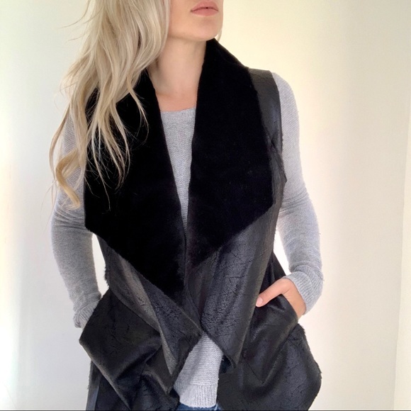 Alfani Jackets & Blazers - Black Faux Fur & Leather Vest Pockets Angled Hem S